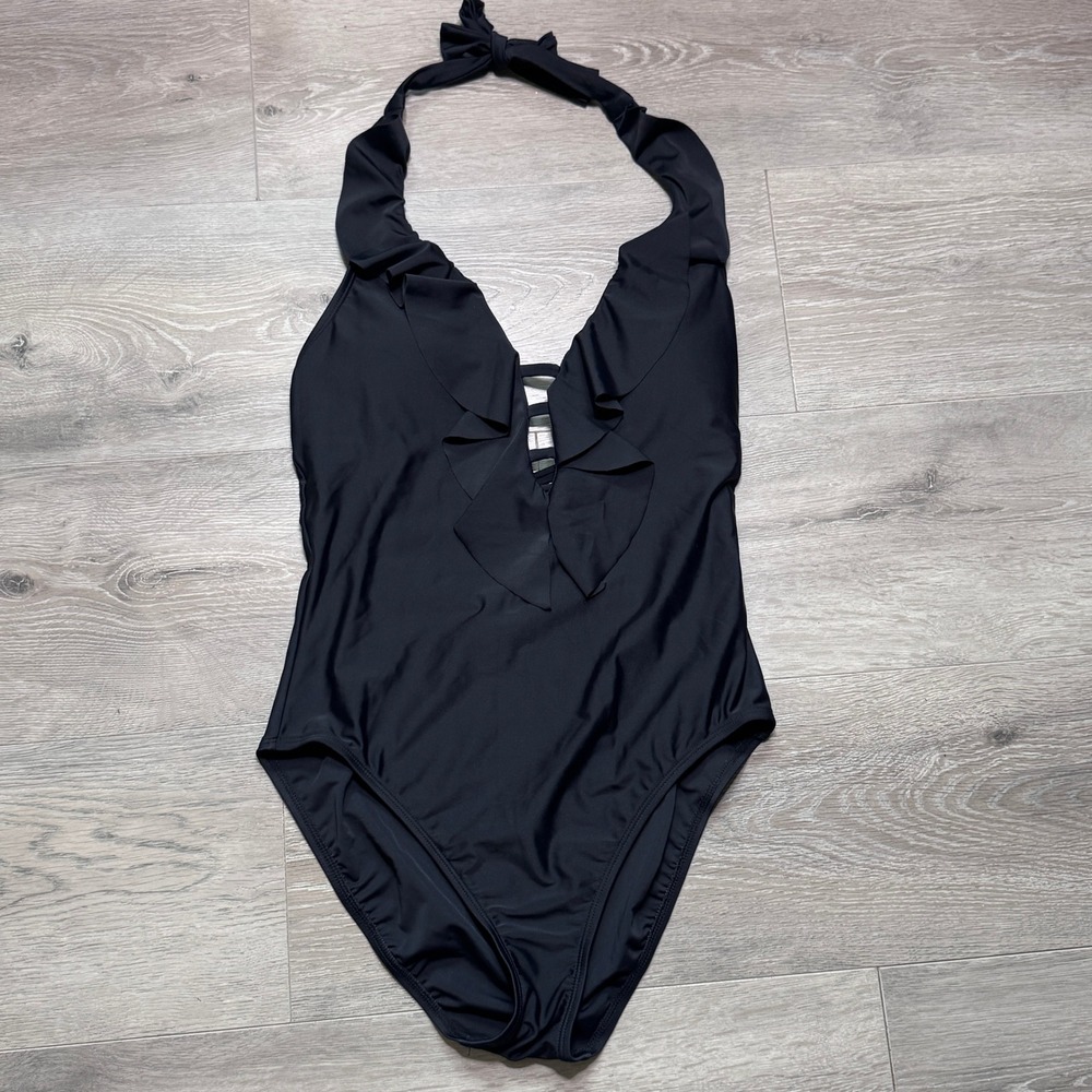 Bleu Rod Beattie Womens Black Halter Ruffle Caged One Piece Swimsuit Size 10